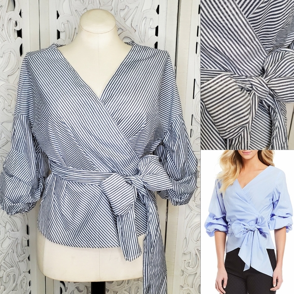 Active USA Tops - Active USA Striped Balloon Sleeve Faux Wrap Top